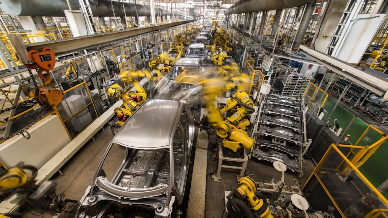 Aerial view of an automotive production line